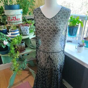 Antique Vintage Handmade Flapper Nouveau Silk Dress Black w/White Flowers M/L